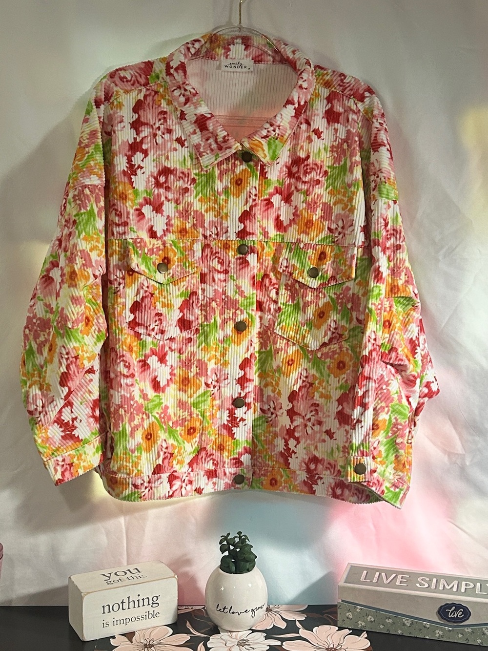 Wonderly Floral Corduroy Button Jacket — Pink, Green, Yellow